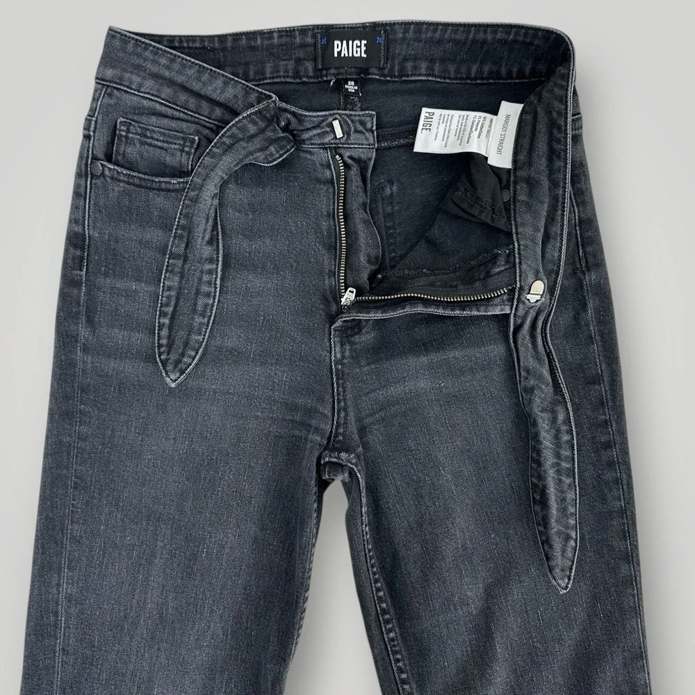 PAIGE Margot Straight Leg Jeans Womans 26 (26x26) Tie Waist Black Denim‎ Raw Hem